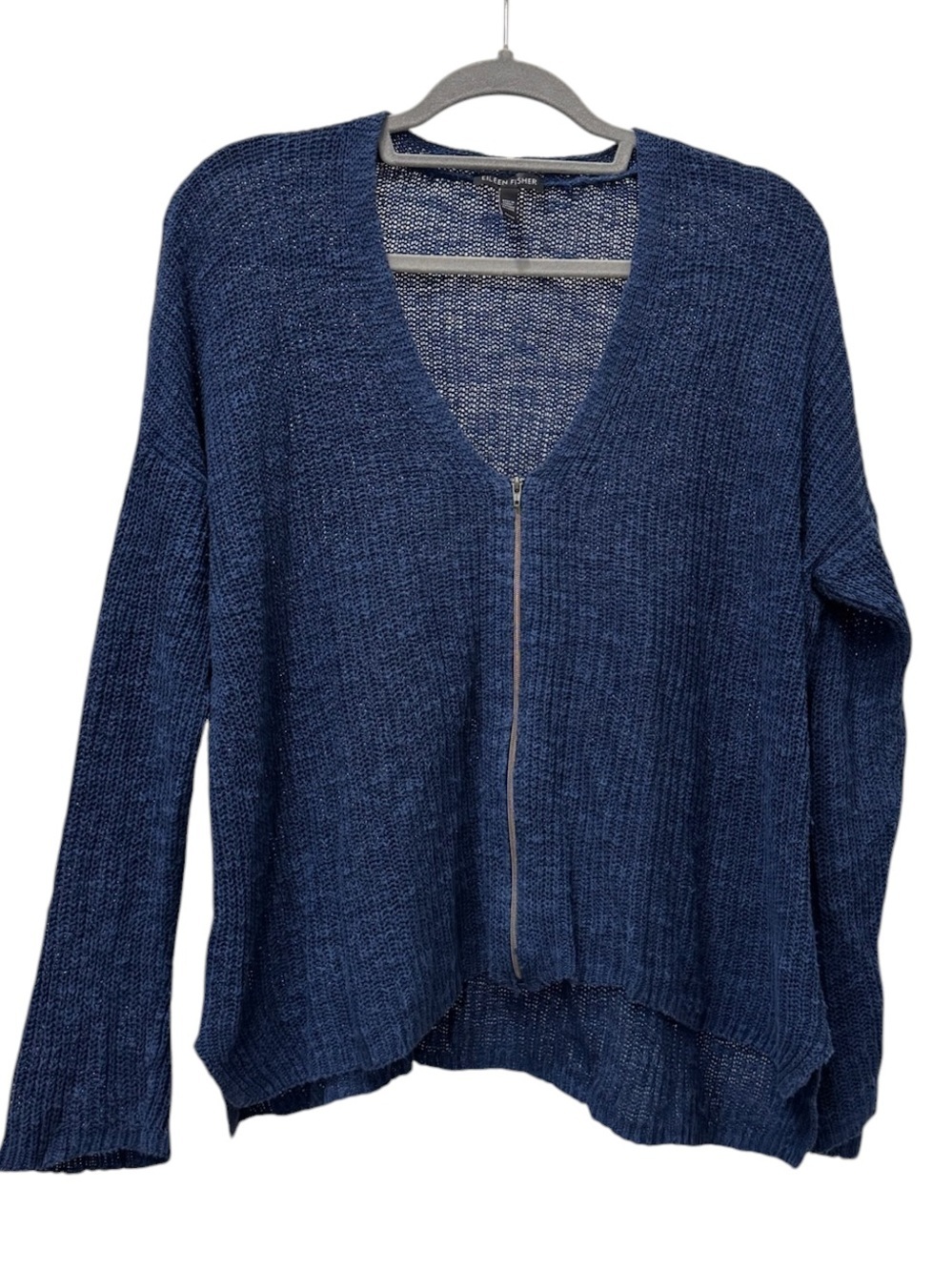 Eileen Fisher Blue Zip Front Open Knit Sweater Cardigan Medium